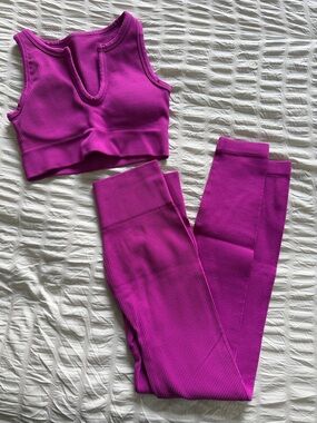 Seamless Ribbed Crop Top & Leggings Set - Magenta